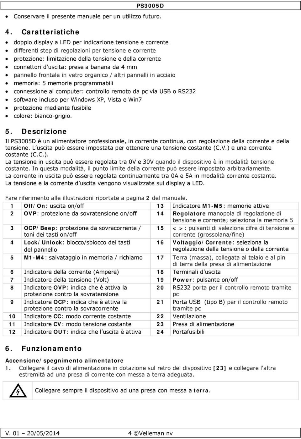 uscita: prese a banana da 4 mm pannello frontale in vetro organico / altri pannelli in acciaio memoria: 5 memorie programmabili connessione al computer: controllo remoto da pc via USB o RS232