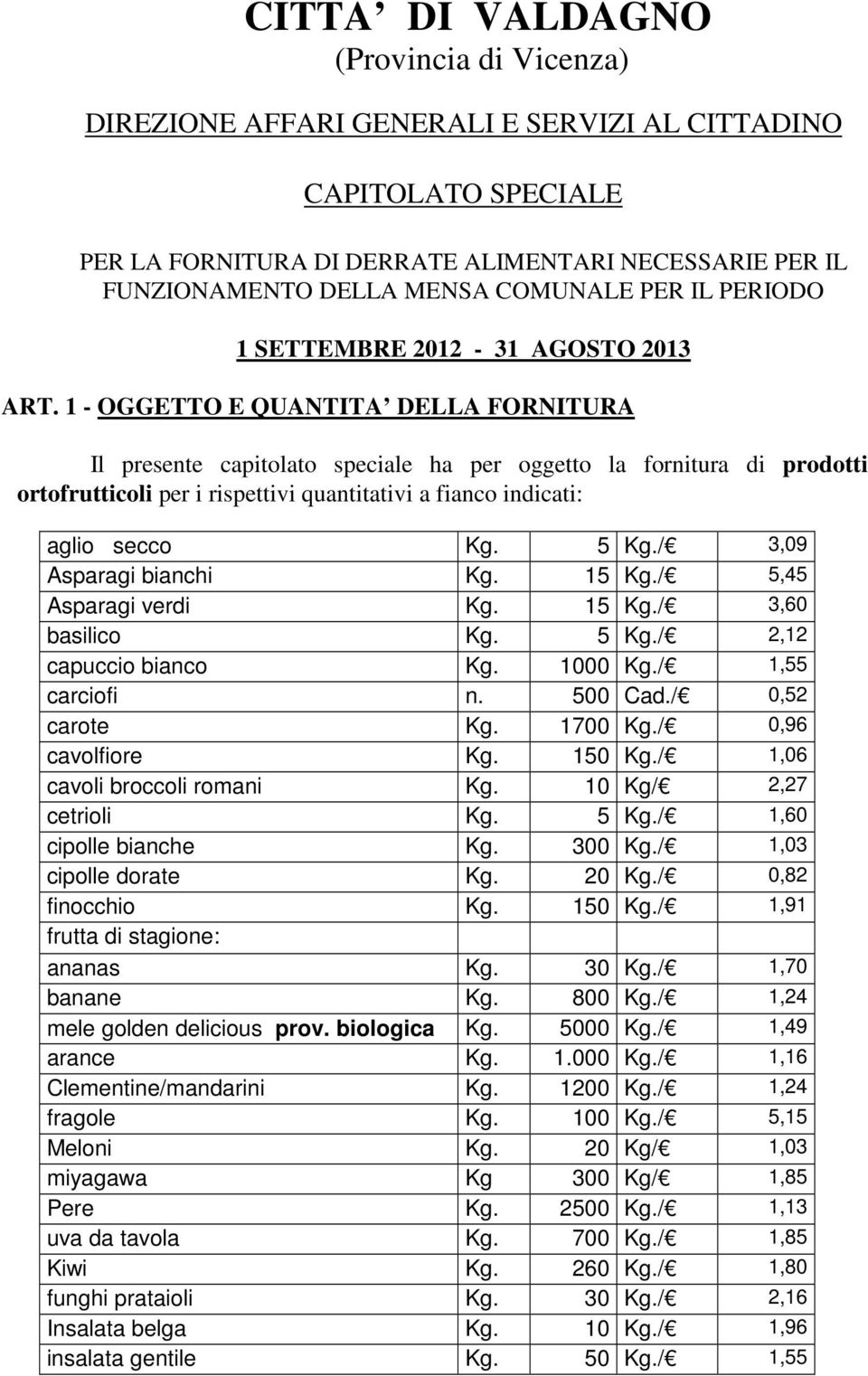 1 - OGGETTO E QUANTITA DELLA FORNITURA Il presente capitolato speciale ha per oggetto la fornitura di prodotti ortofrutticoli per i rispettivi quantitativi a fianco indicati: aglio secco Kg. 5 Kg.