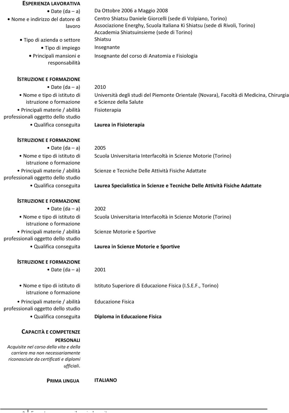 dello studio Qualifica conseguita Nome e tipo di istituto di istruzione o formazione Principali materie / abilità professionali oggetto dello studio Qualifica conseguita Da Ottobre 2006 a Maggio 2008