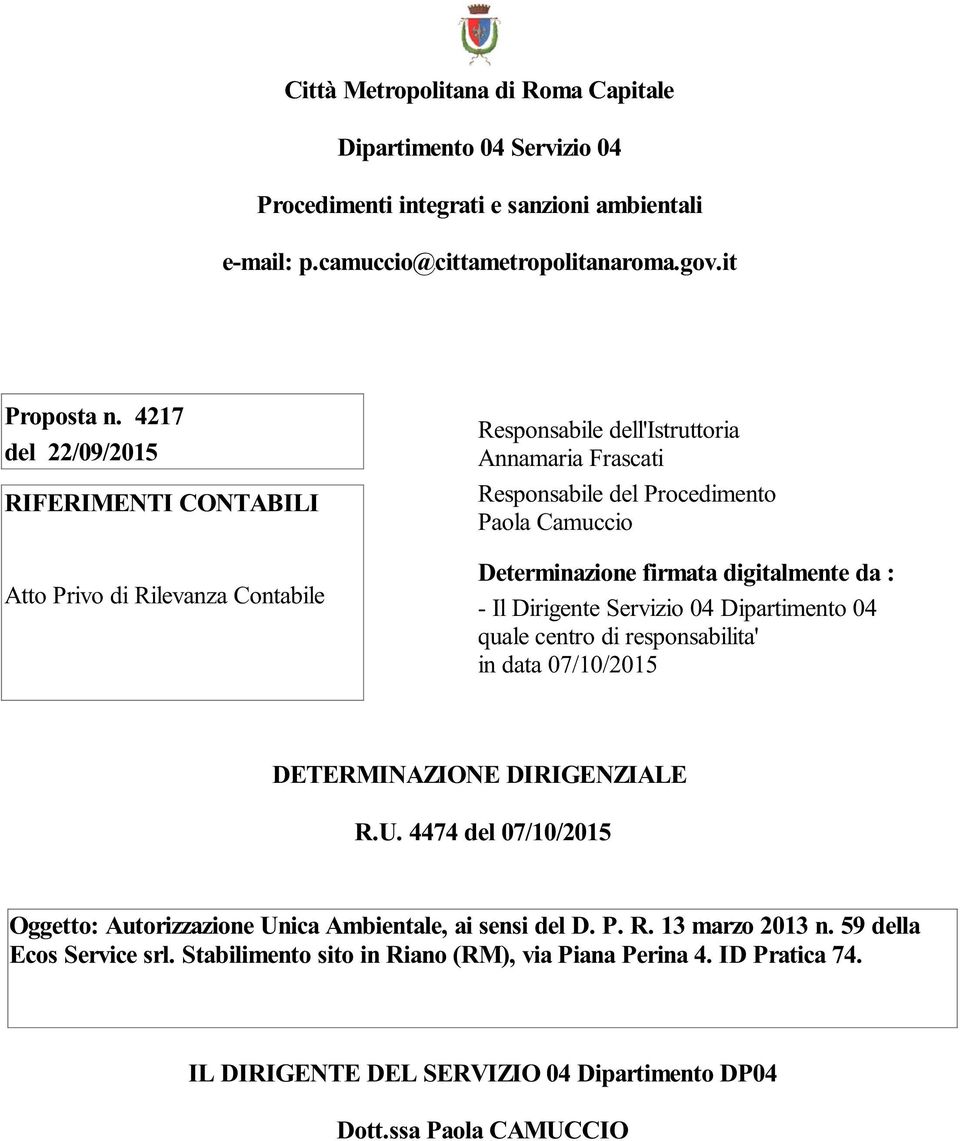 digitalmente da : - Il Dirigente Servizio 04 Dipartimento 04 quale centro di responsabilita' in data 07/10/2015 DETERMINAZIONE DIRIGENZIALE R.U.