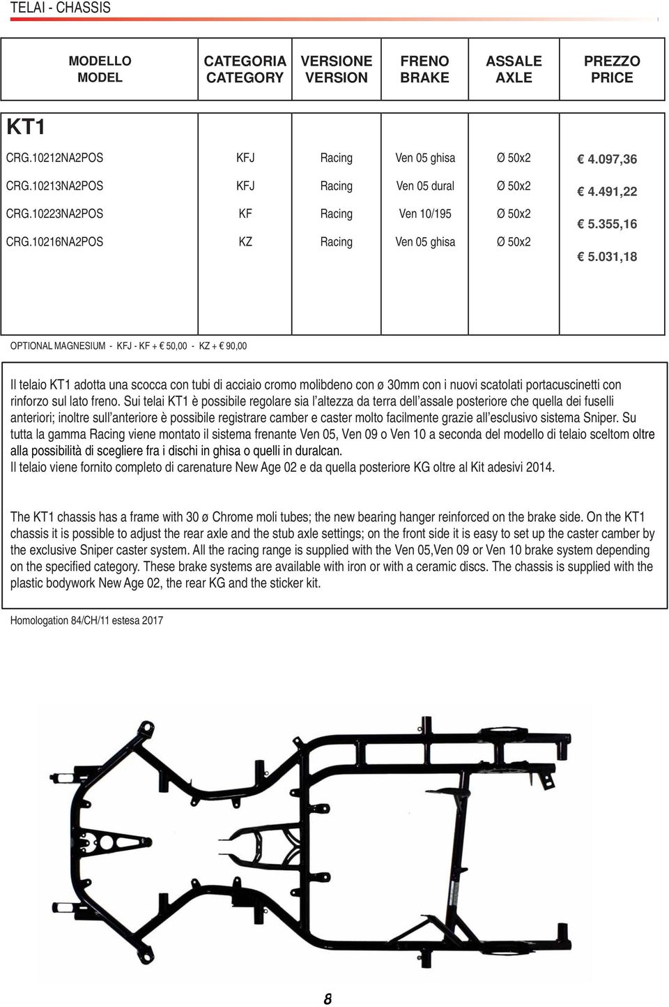 03,8 OPTIONAL MAGNESIUM - KFJ - KF + 50,00 - KZ + 90,00 Il telaio KT adotta una scocca con tubi di acciaio cromo molibdeno con ø 30mm con i nuovi scatolati portacuscinetti con rinforzo sul lato freno.