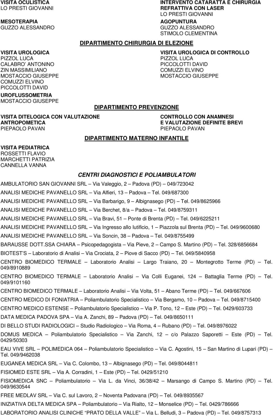 PREVENZIONE DIPARTIMENTO MATERNO INFANTILE INTERVENTO CATARATTA E CHIRURGIA REFRATTIVA CON LASER LO PRESTI GIOVANNI AGOPUNTURA GUZZO ALESSANDRO STIMOLO CLEMENTINA VISITA UROLOGICA DI CONTROLLO PIZZOL