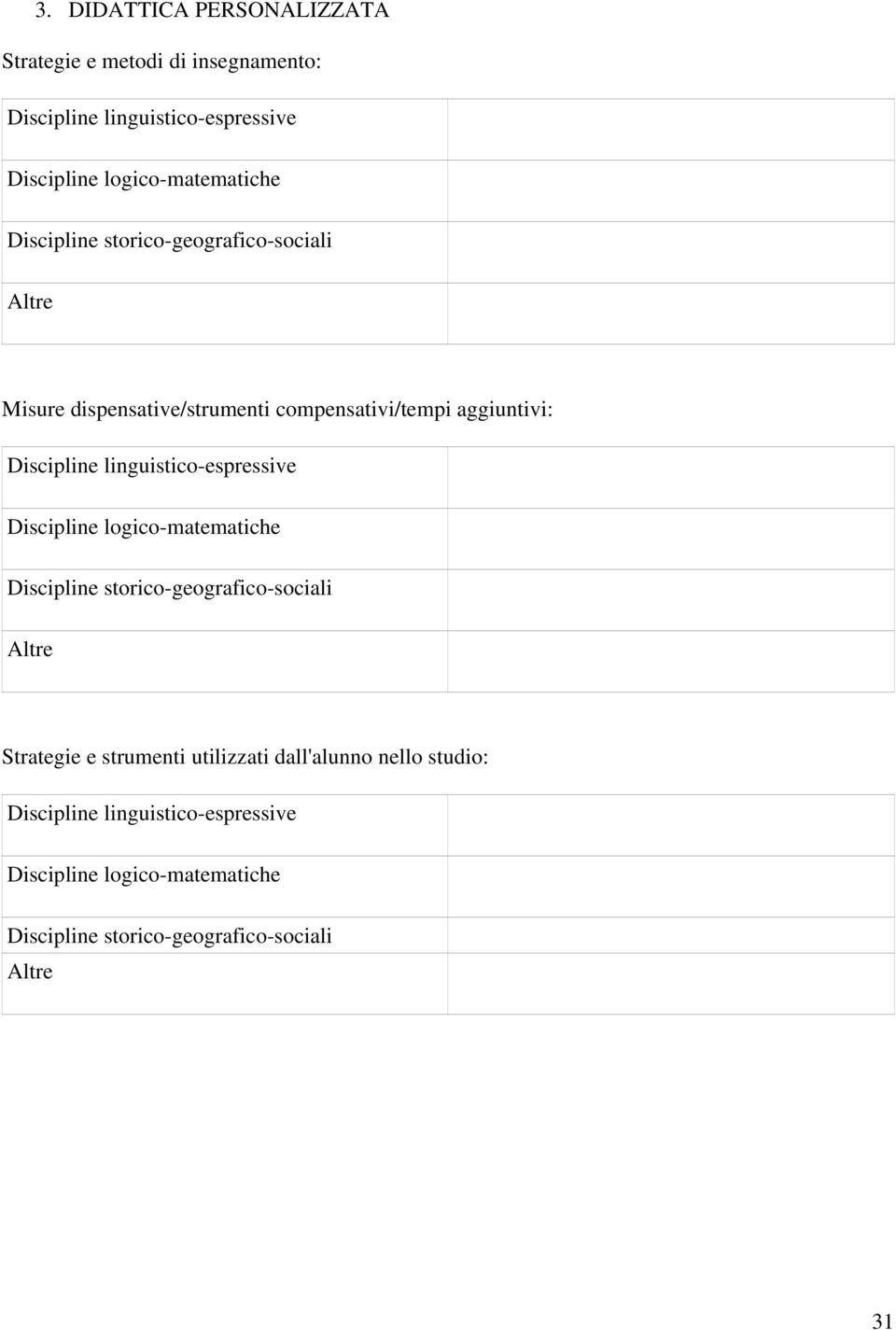 linguistico-espressive Discipline logico-matematiche Discipline storico-geografico-sociali Altre Strategie e strumenti