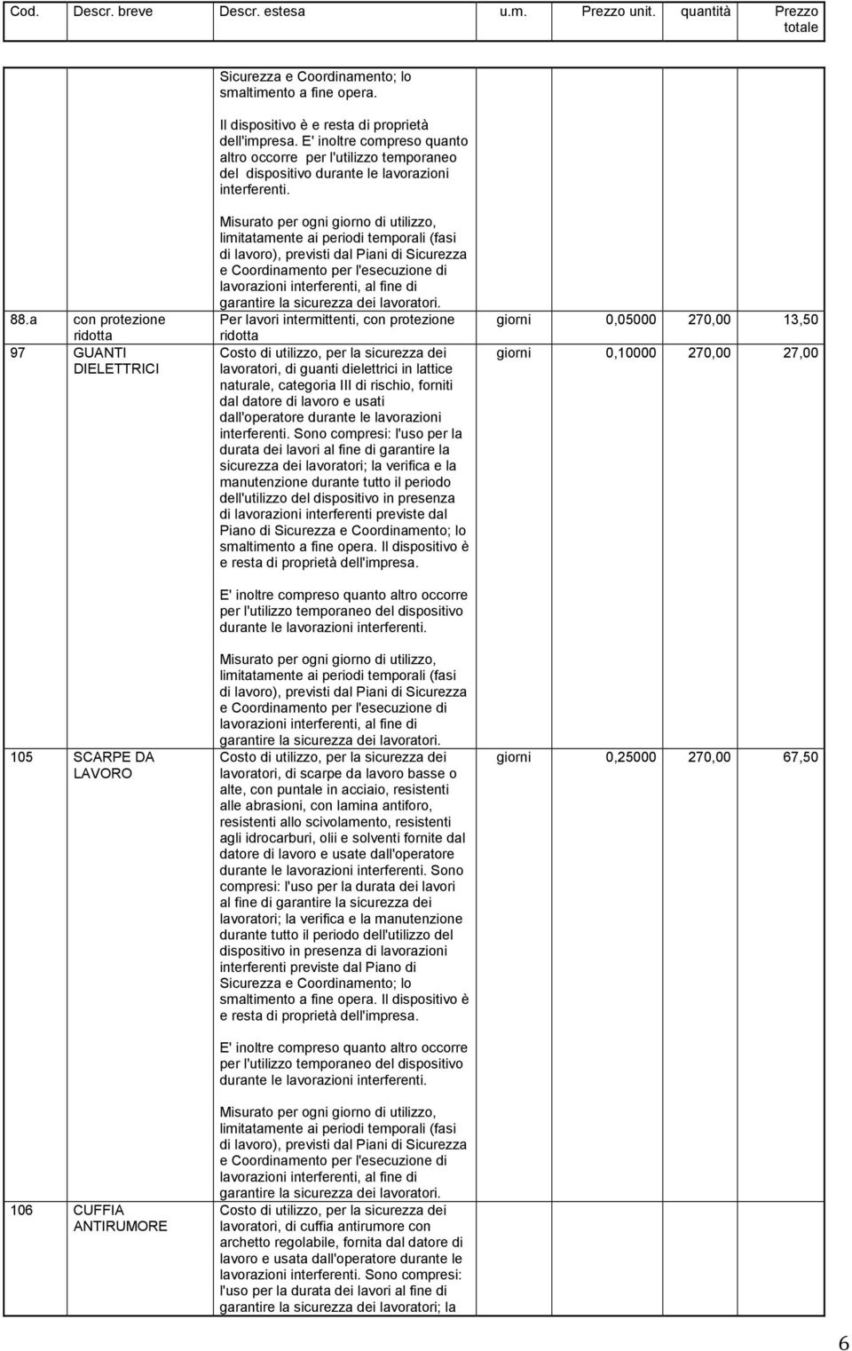 a con protezione ridotta 97 GUANTI DIELETTRICI 105 SCARPE DA LAVORO 106 CUFFIA ANTIRUMORE Per lavori intermittenti, con protezione ridotta lavoratori, di guanti dielettrici in lattice naturale,