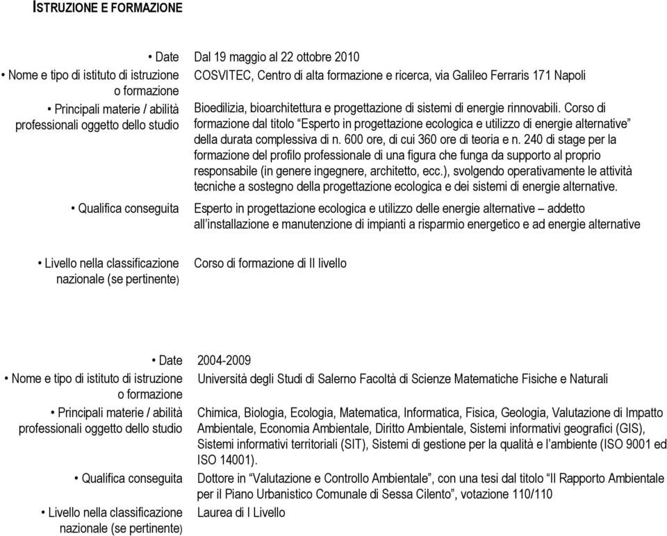 Corso di professionali oggetto dello studio formazione dal titolo Esperto in progettazione ecologica e utilizzo di energie alternative della durata complessiva di n.