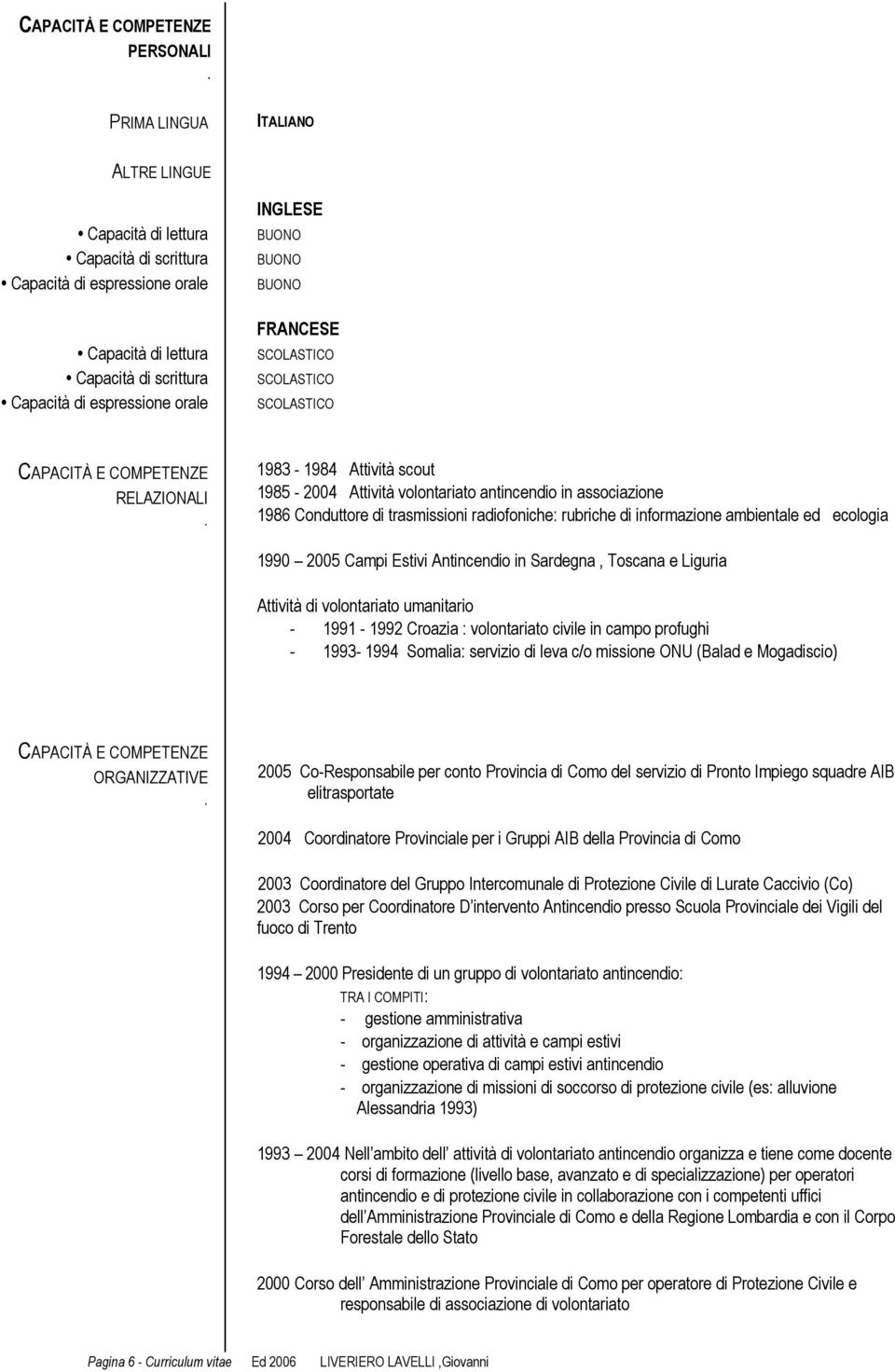 radiofoniche: rubriche di informazione ambientale ed ecologia 1990 2005 Campi Estivi Antincendio in Sardegna, Toscana e Liguria Attività di volontariato umanitario - 1991-1992 Croazia : volontariato