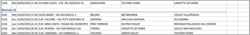 15 S.M. NINO COSTA - PIAZZA DEL MUNICIPIO PINO TORINESE GS PINO VOLLEY NOVAGAS PALLAVOLO VAL CHISONE 2104 Gio 14/05/2015 20.45 S.M. PEYRON - VIA VENTIMIGLIA 136 TORINO LINGOTTO 2D VERDE VOLLEY SAN PAOLO BLU 2105 Mer 13/05/2015 20.