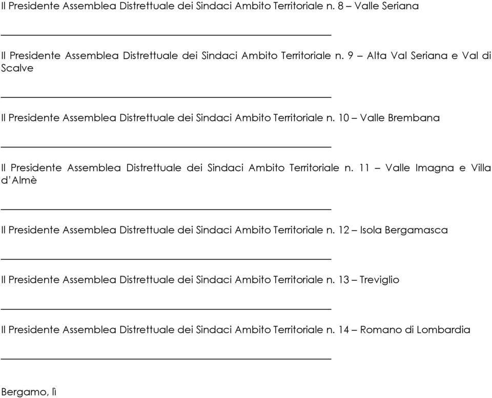 10 Valle Brembana Il Presidente Assemblea Distrettuale dei Sindaci Ambito Territoriale n.