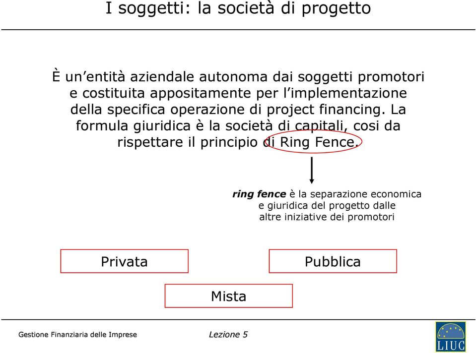 La formula giuridica è la società di capitali, cosi da rispettare il principio di Ring Fence.