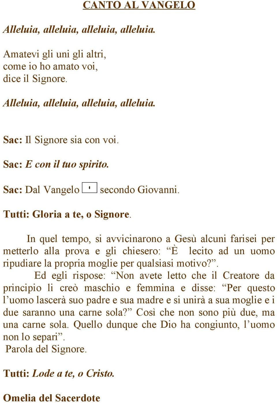 In quel tempo, si avvicinarono a Gesù alcuni farisei per metterlo alla prova e gli chiesero: È lecito ad un uomo ripudiare la propria moglie per qualsiasi motivo?