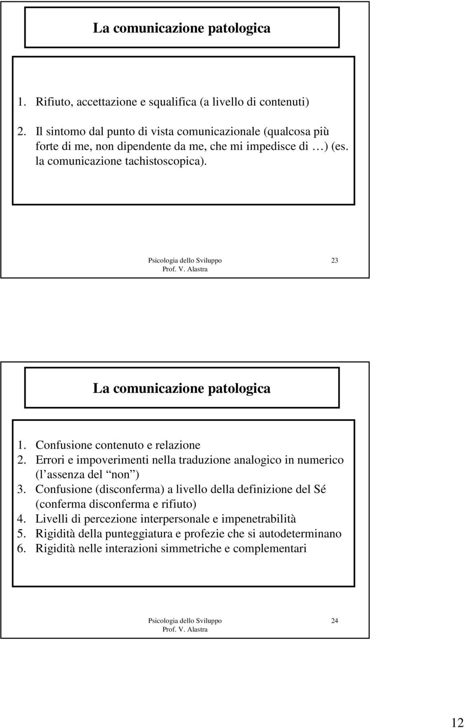 23 La comunicazione patologica 1. Confusione contenuto e relazione 2. Errori e impoverimenti nella traduzione analogico in numerico (l assenza del non ) 3.