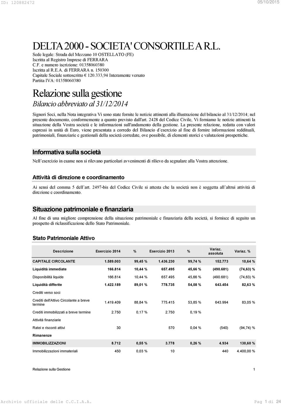 333,94 Interamente versato Partita IVA: 01358060380 Relazione sulla gestione Bilancio abbreviato al 31/12/2014 Signori Soci, nella Nota integrativa Vi sono state fornite le notizie attinenti alla