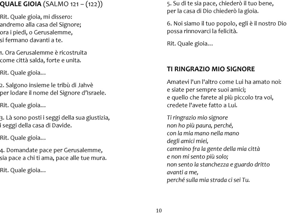 Domandate pace per Gerusalemme, sia pace a chi ti ama, pace alle tue mura. Rit. Quale gioia 5. Su di te sia pace, chiederò il tuo bene, per la casa di Dio chiederò la gioia. 6.