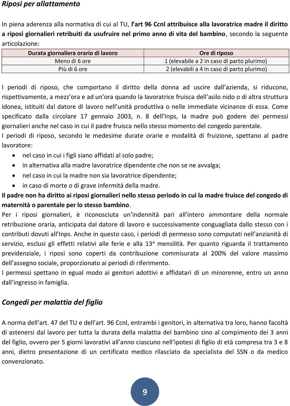 parto plurimo) I periodi di riposo, che comportano il diritto della donna ad uscire dall azienda, si riducono, rispettivamente, a mezz ora e ad un ora quando la lavoratrice fruisca dell asilo nido o