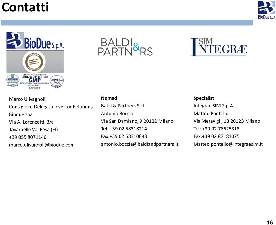 e Val Pesa (FI) +39 055 8071140 marco.ulivagnoli@biodue.com Nomad Baldi & Partners S.r.l. Antonio Boccia Via San Damiano, 9 20122 Milano Tel: +39 02 58318214 Fax:+39 02 58310893 antonio.