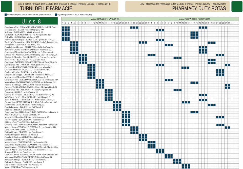to - FARMACIA ALLA TORRE - via F:M. Preti, 1 Montebelluna - BASSI - via Montegrappa, 100 Vedelago - BOSCARINI - Via G.