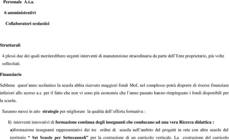 6 amministrativi Collaboratori scolastici Strutturali 4 plessi due dei quali meriterebbero urgenti interventi di manutenzione straordinaria da parte dell Ente proprietario, più volte sollecitati.