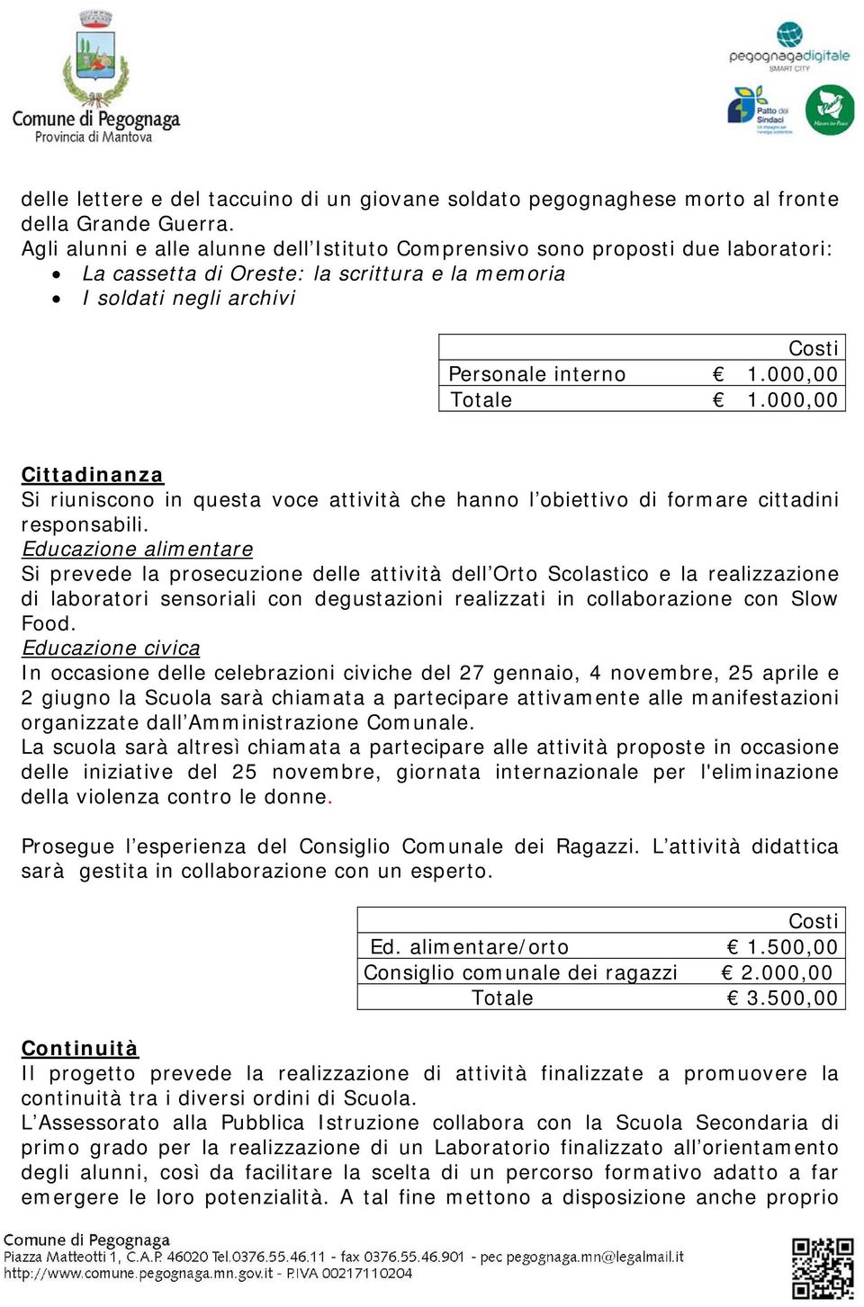 000,00 Cittadinanza Si riuniscono in questa voce attività che hanno l obiettivo di formare cittadini responsabili.