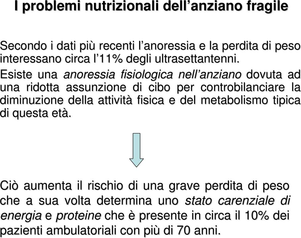 Esiste una anoressia fisiologica nell anziano dovuta ad una ridotta assunzione di cibo per controbilanciare la diminuzione della
