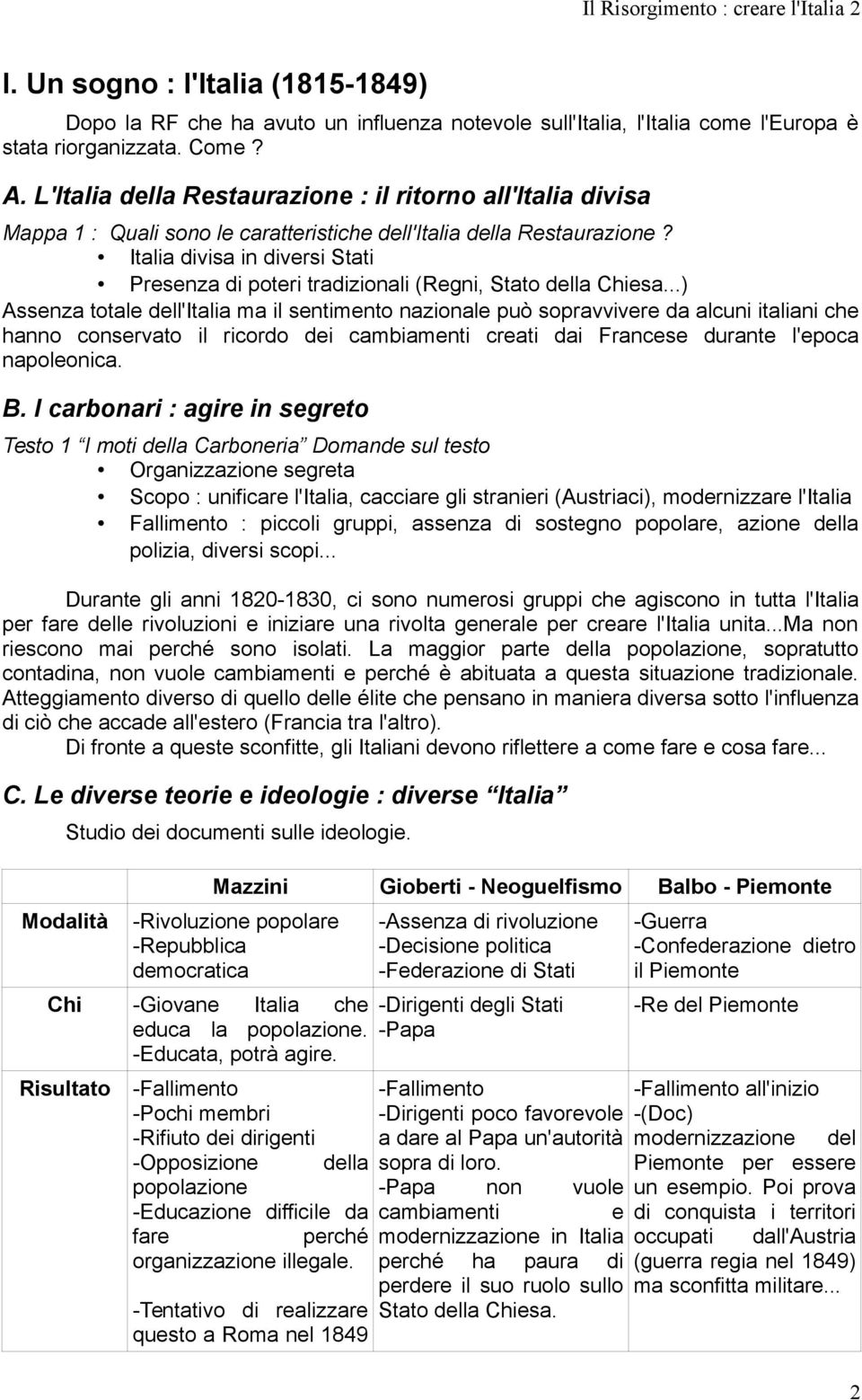 Italia divisa in diversi Stati Presenza di poteri tradizionali (Regni, Stato della Chiesa.
