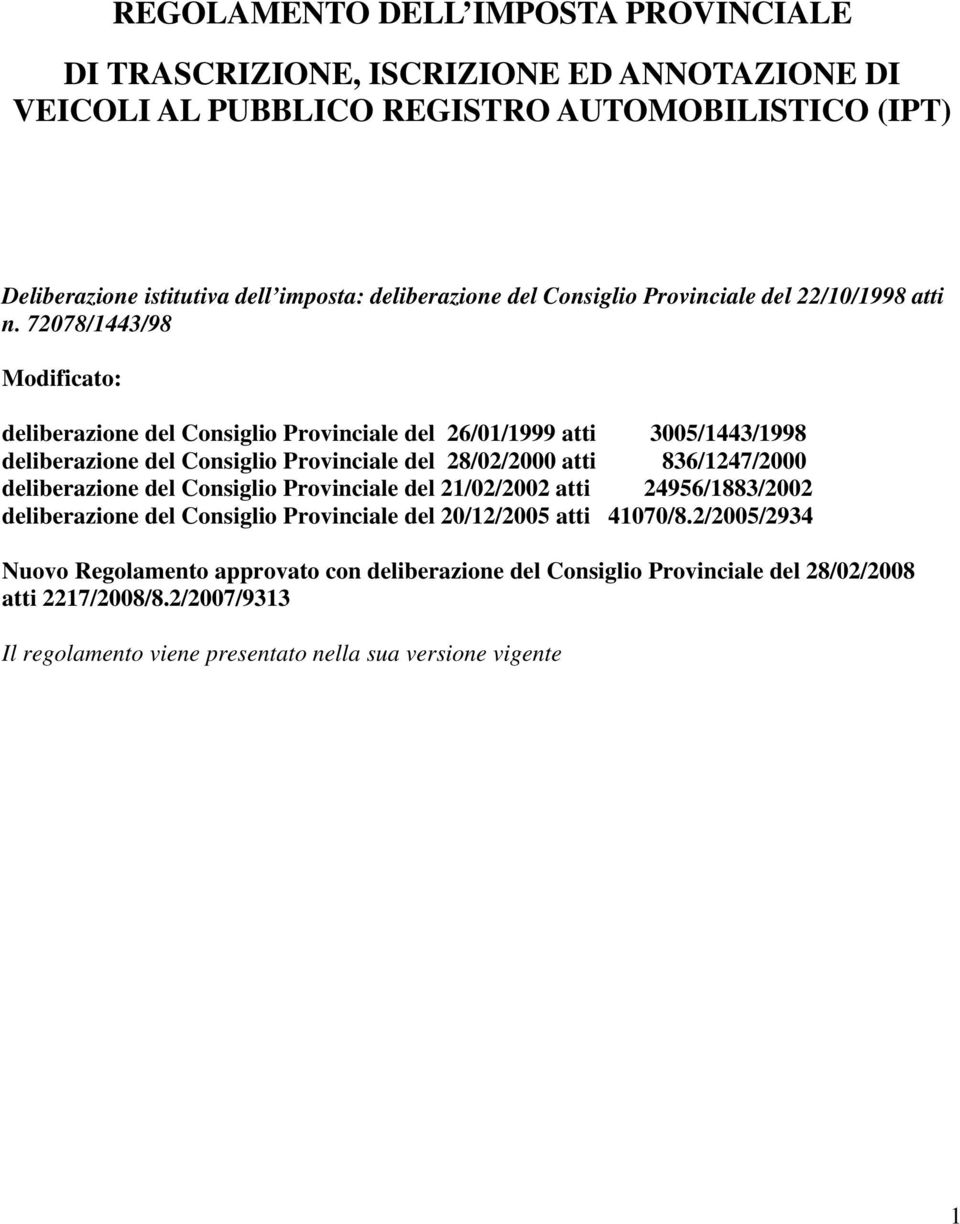 72078/1443/98 Modificato: deliberazione del Consiglio Provinciale del 26/01/1999 atti 3005/1443/1998 deliberazione del Consiglio Provinciale del 28/02/2000 atti 836/1247/2000