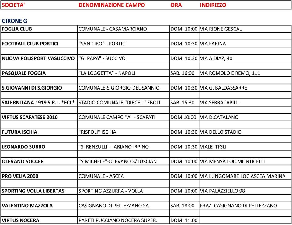 15:30 VIA SERRACAPILLI VIRTUS SCAFATESE 2010 COMUNALE CAMPO "A"- SCAFATI DOM.10:00 VIA D.CATALANO FUTURA ISCHIA "RISPOLI" ISCHIA DOM. 10:30 VIA DELLO STADIO LEONARDO SURRO "S.