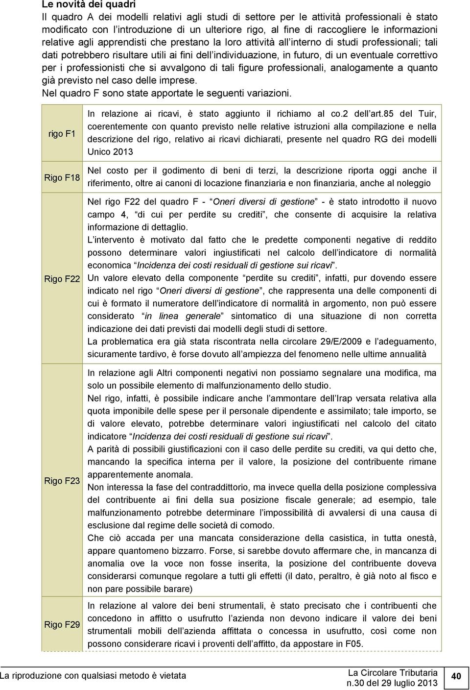 correttivo per i professionisti che si avvalgono di tali figure professionali, analogamente a quanto già previsto nel caso delle imprese. Nel quadro F sono state apportate le seguenti variazioni.