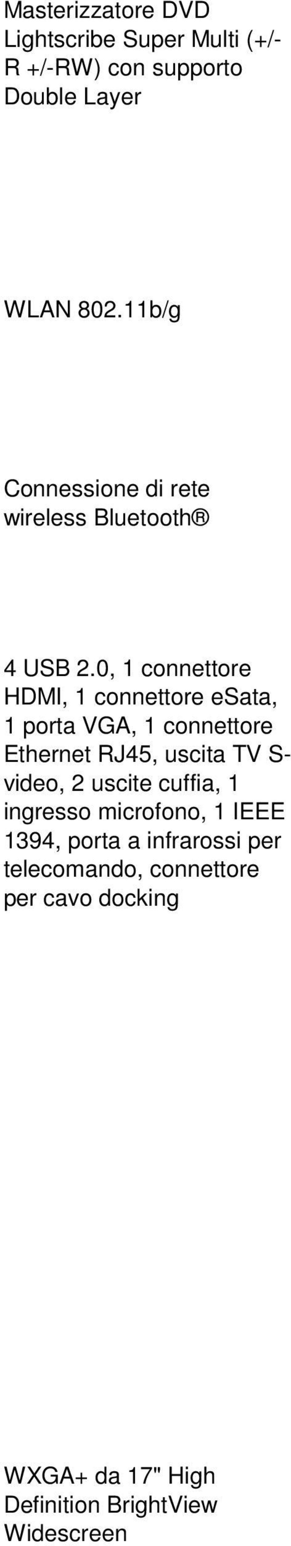 0, 1 connettore HDMI, 1 connettore esata, 1 porta VGA, 1 connettore Ethernet RJ45, uscita TV S- video,