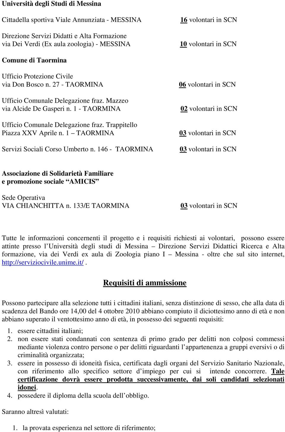 1 - TAORMINA Ufficio Comunale Delegazione fraz. Trappitello Piazza XXV Aprile n. 1 TAORMINA Servizi Sociali Corso Umberto n.