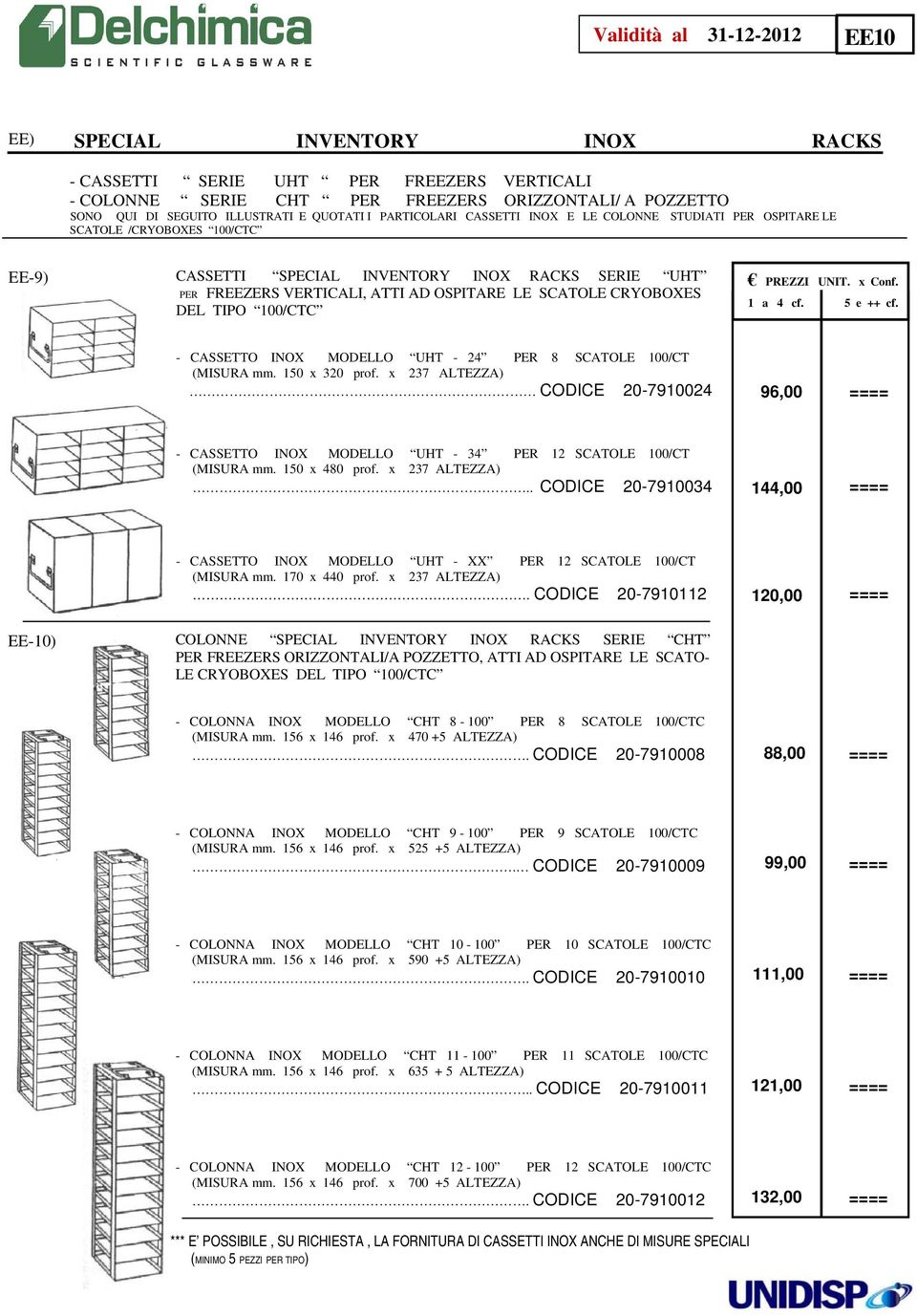 SCATOLE CRYOBOXES DEL TIPO 100/CTC - CASSETTO INOX MODELLO UHT - 24 PER 8 SCATOLE 100/CT (MISURA mm. 150 x 320 prof.