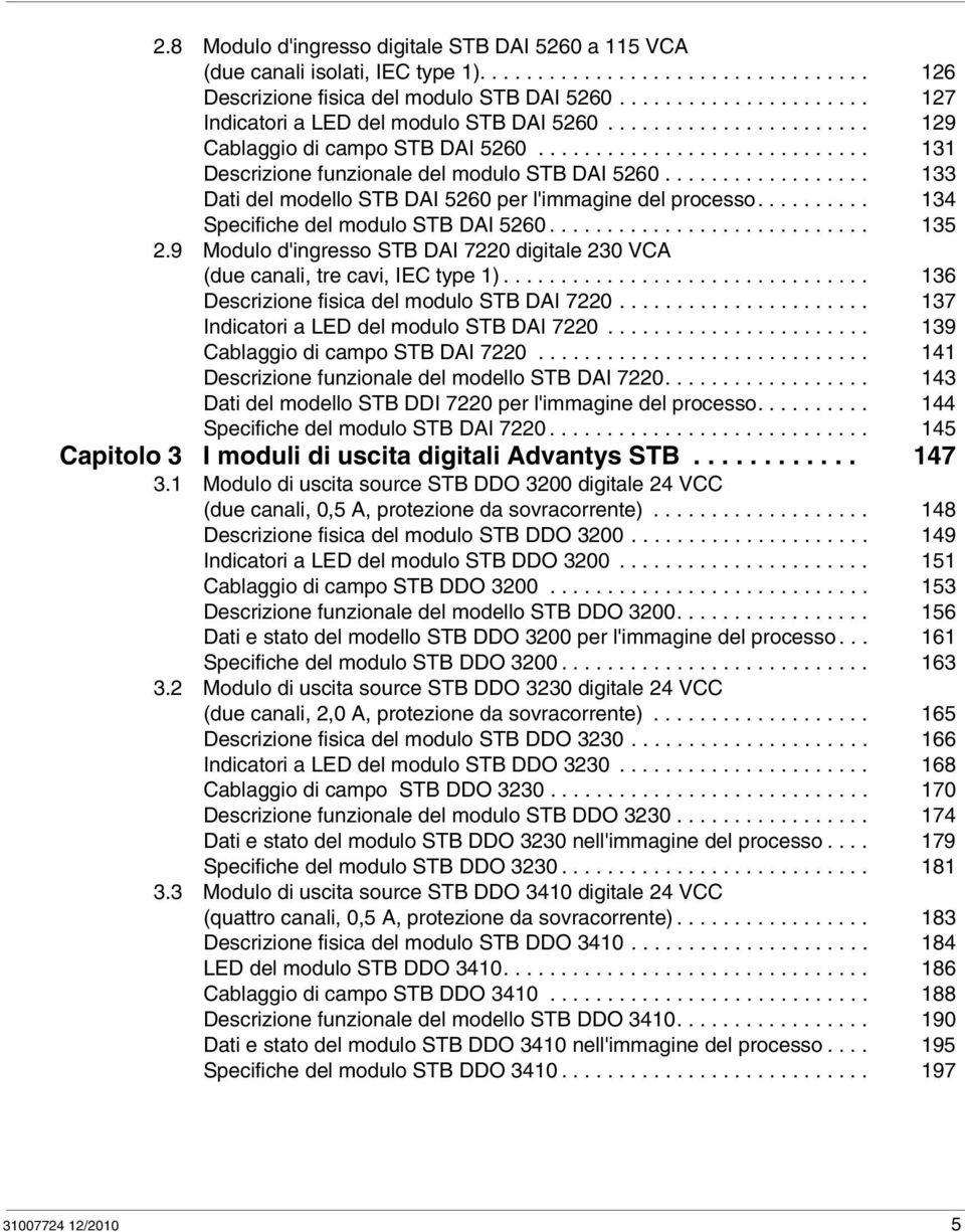 ................. 133 Dati del modello STB DAI 5260 per l'immagine del processo.......... 134 Specifiche del modulo STB DAI 5260............................ 135 2.