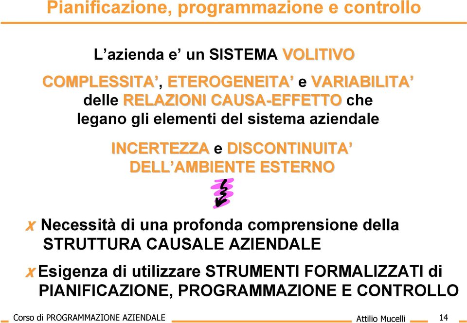 AMBIENTE ESTERNO X Necessità di una profonda comprensione della STRUTTURA CAUSALE AZIENDALE X Esigenza di