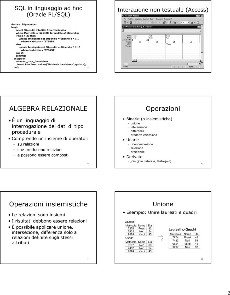 15 where Matricola = '57588'; end if; commit; exception when no_data_found then insert into Errori values('matricola inesistente',sysdate); end; 7 8 LGEBR RELZIONLE È un linguaggio di interrogazione