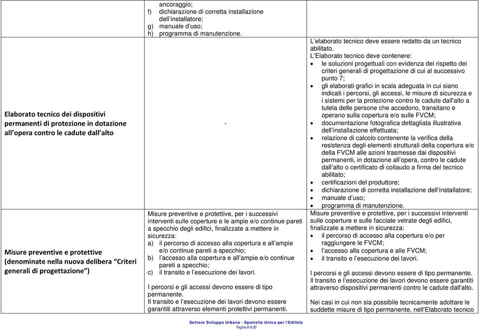 - Misure preventive e protettive, per i successivi interventi sulle coperture e le ampie e/o continue pareti a specchio degli edifici, finalizzate a mettere in sicurezza: a) il percorso di accesso