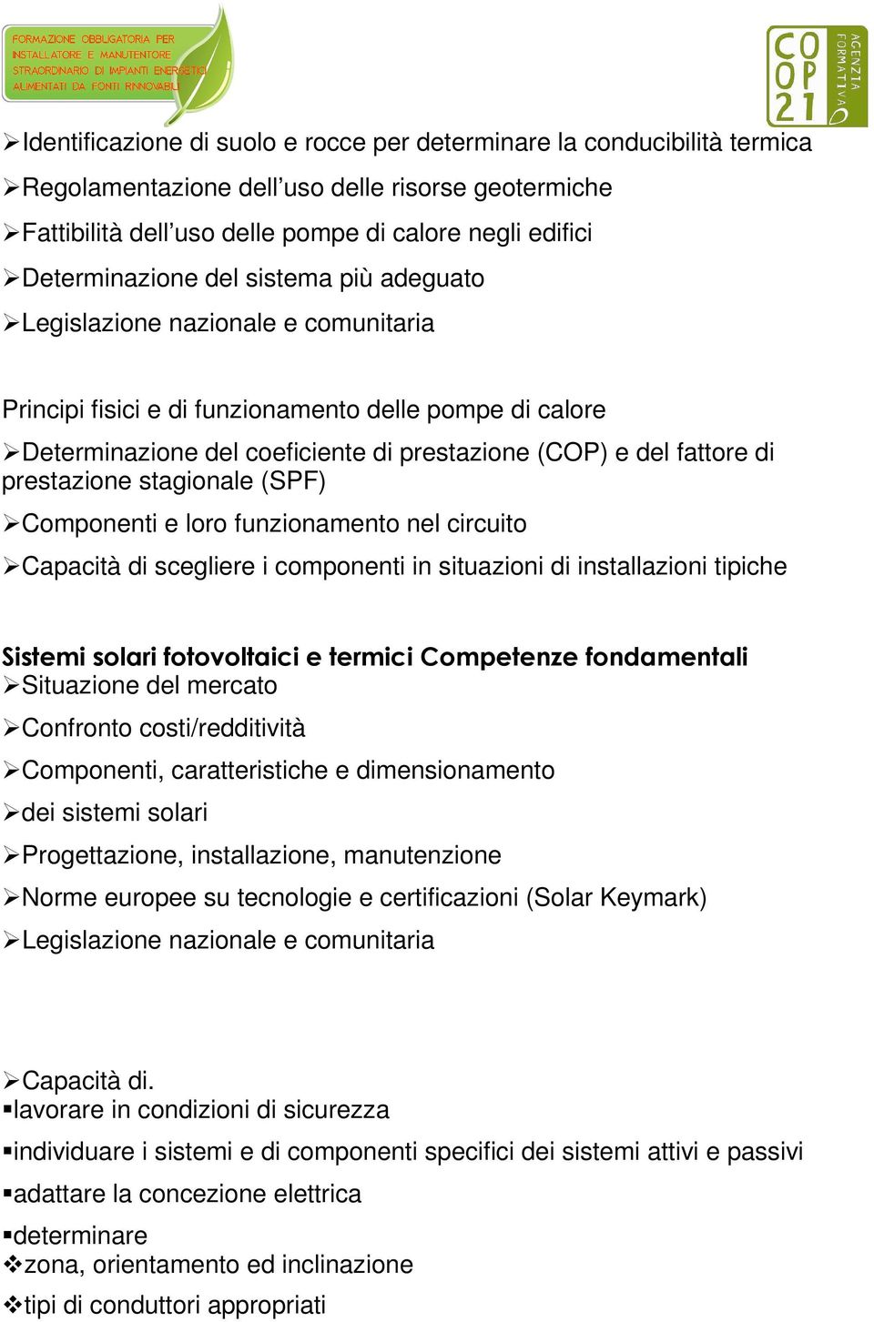 stagionale (SPF) Componenti e loro funzionamento nel circuito Capacità di scegliere i componenti in situazioni di installazioni tipiche Sistemi solari fotovoltaici e termici Competenze fondamentali