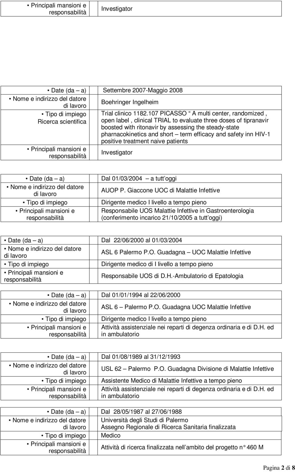 short term efficacy and safety inn HIV-1 positive treatment naive patients Investigator Dal 01/03/2004 a tutt oggi AUOP P.