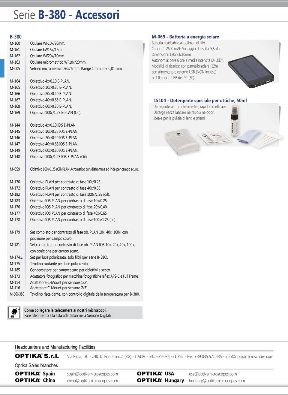 M-169 Obiettivo 100x/1,25 E-PLAN (Oil). M-144 Obiettivo 4x/0,10 E-PLAN. M-145 Obiettivo 10x/0,25 E-PLAN. M-146 Obiettivo x/0,40 E-PLAN. M-147 Obiettivo 40x/0,65 E-PLAN.