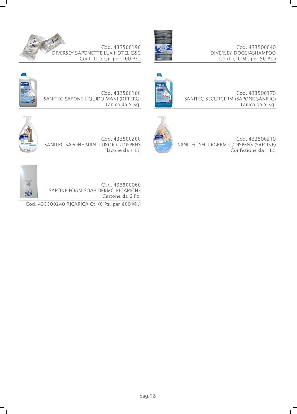 Cod. 433500200 SANITEC SAPONE MANI LUXOR C/DISPENS Flacone da 1 Lt. Cod.