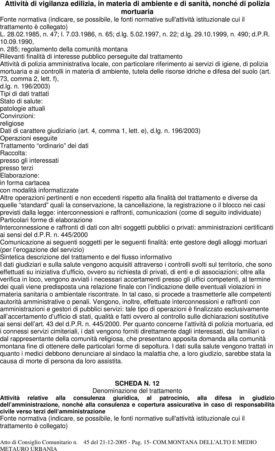 285; regolamento della comunità montana Attività di polizia amministrativa locale, con particolare riferimento ai servizi di igiene, di polizia mortuaria e ai controlli in materia di ambiente, tutela