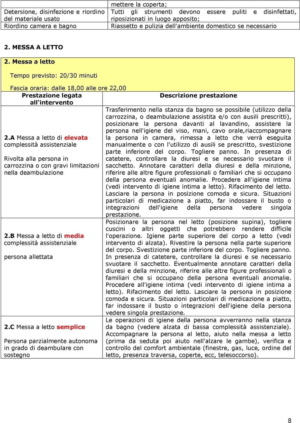 A Messa a letto di elevata complessità assistenziale Rivolta alla persona in carrozzina o con gravi limitazioni nella deambulazione 2.