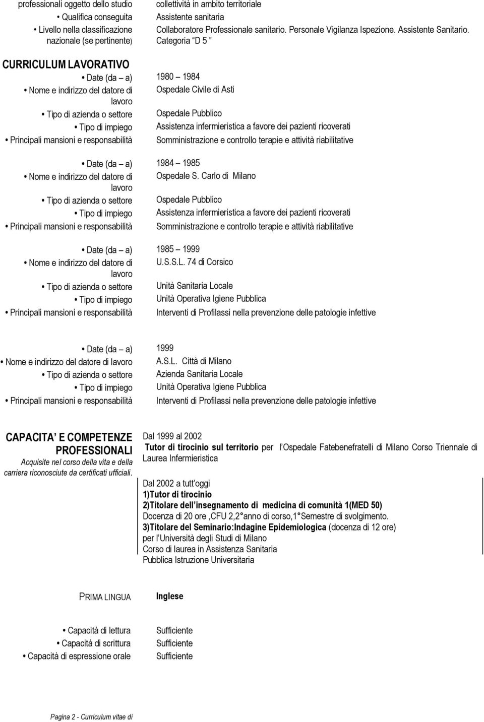 Categoria D 5 CURRICULUM LAVORATIVO Date (da a) 1980 1984 Nome e indirizzo del datore di Ospedale Civile di Asti lavoro Tipo di azienda o settore Ospedale Pubblico Tipo di impiego Assistenza