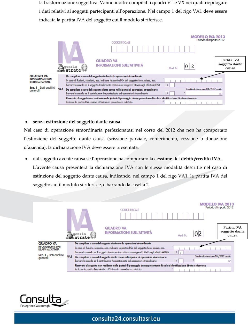 0 2 Partita IVA soggetto dante causa senza estinzione del soggetto dante causa Nel caso di operazione straordinaria perfezionatasi nel corso del 2012 che non ha comportato l estinzione del soggetto