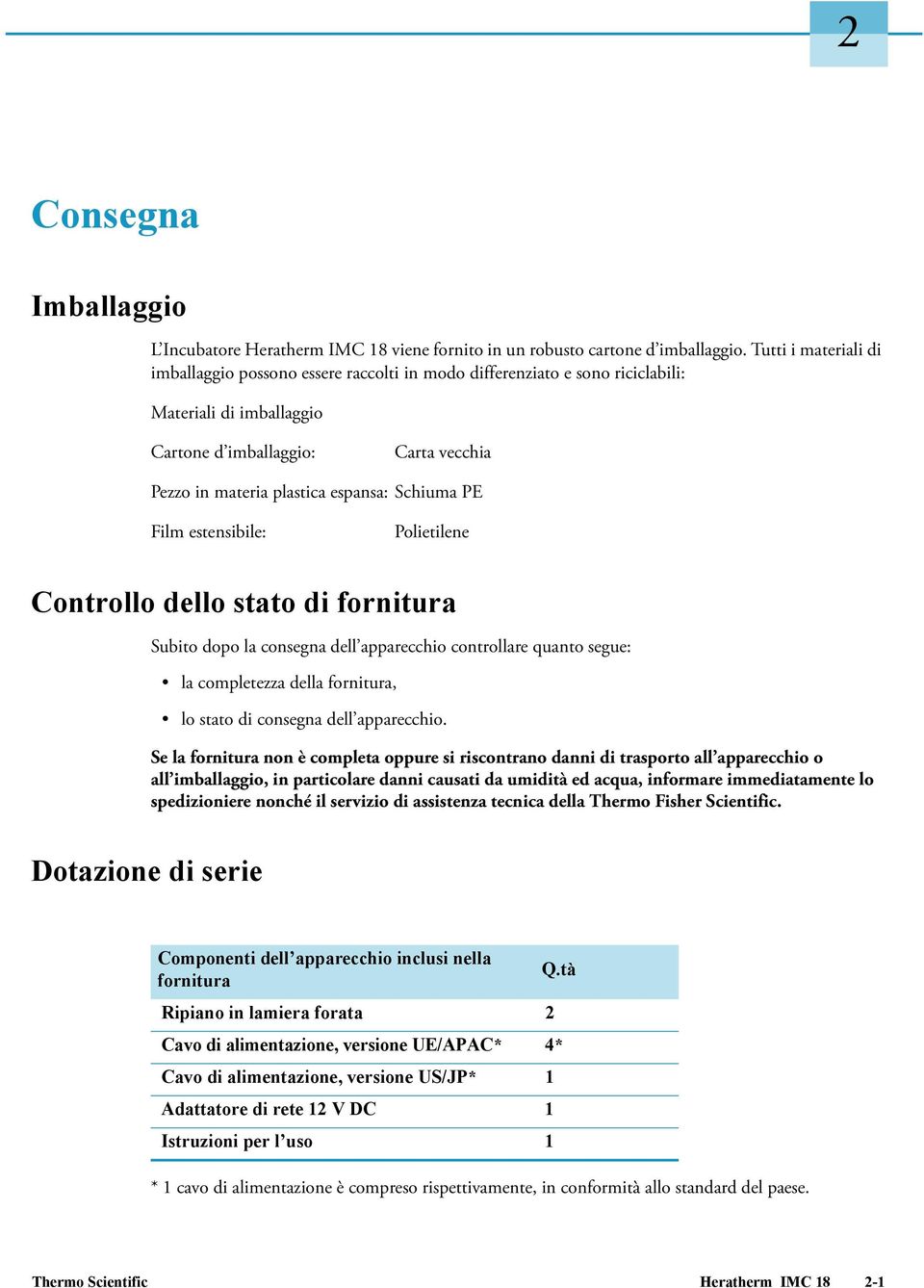 Schiuma PE Film estensibile: Polietilene Controllo dello stato di fornitura Subito dopo la consegna dell apparecchio controllare quanto segue: la completezza della fornitura, lo stato di consegna