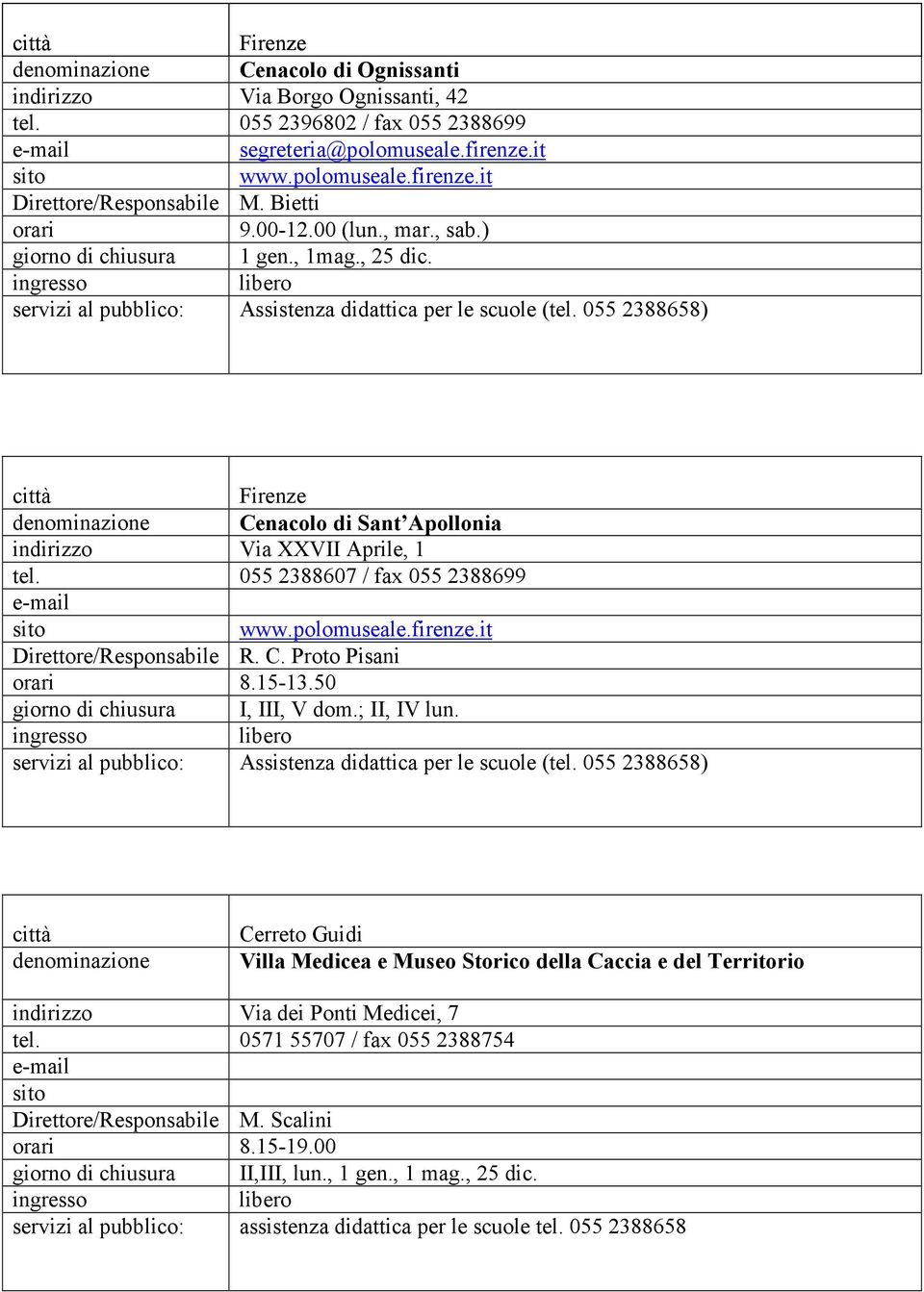 055 2388607 / fax 055 2388699 Direttore/Responsabile R. C. Proto Pisani 8.15-13.50 I, III, V dom.; II, IV lun. Assistenza didattica per le scuole (tel.