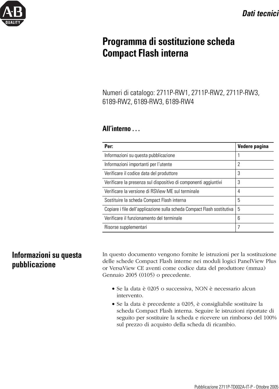 aggiuntivi 3 Verificare la versione di RSView ME sul terminale 4 Sostituire la scheda Compact Flash interna 5 Copiare i file dell applicazione sulla scheda Compact Flash sostitutiva 5 Verificare il