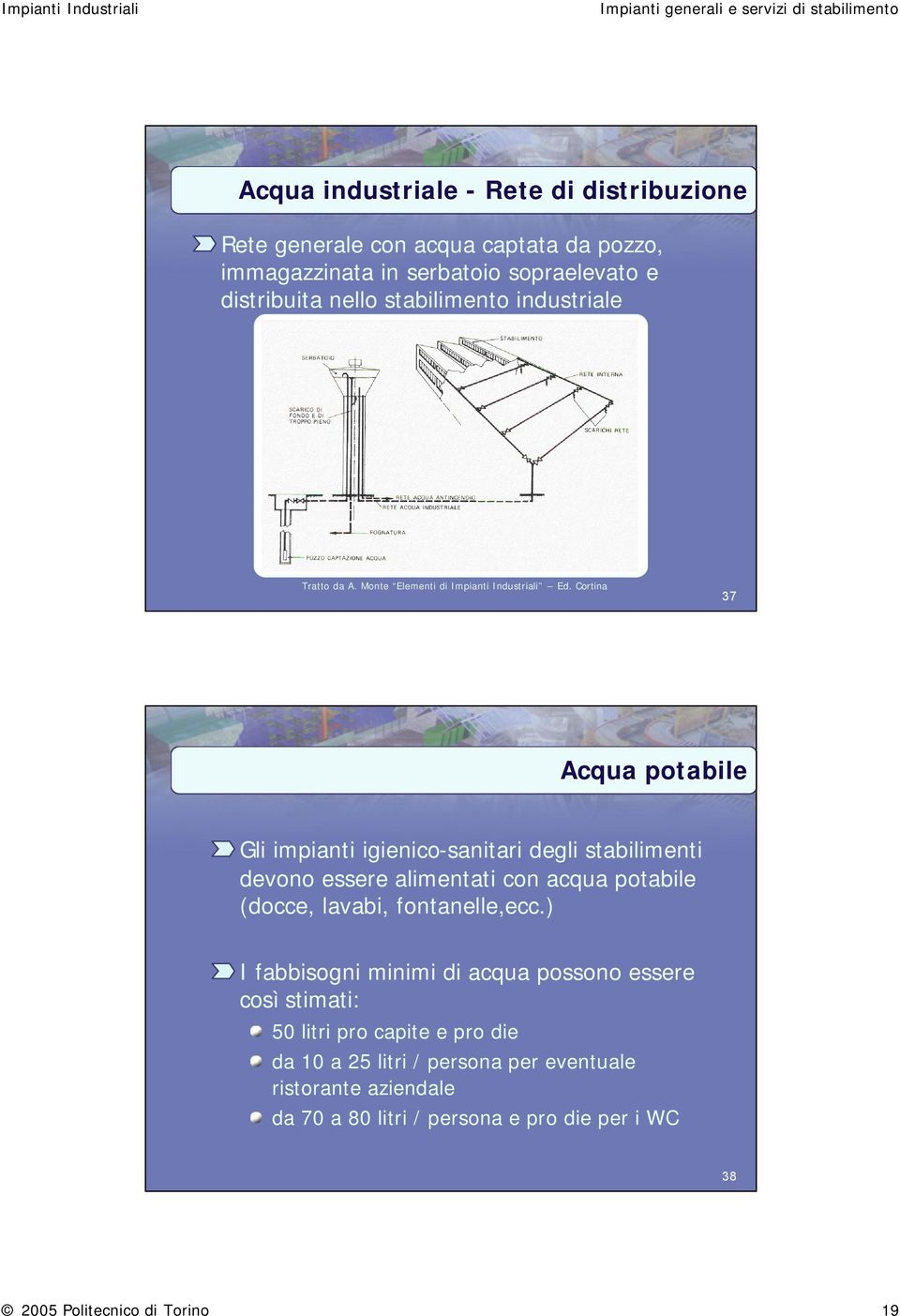 Cortina 37 Acqua potabile Gli impianti igienico-sanitari degli stabilimenti devono essere alimentati con acqua potabile (docce, lavabi, fontanelle,ecc.