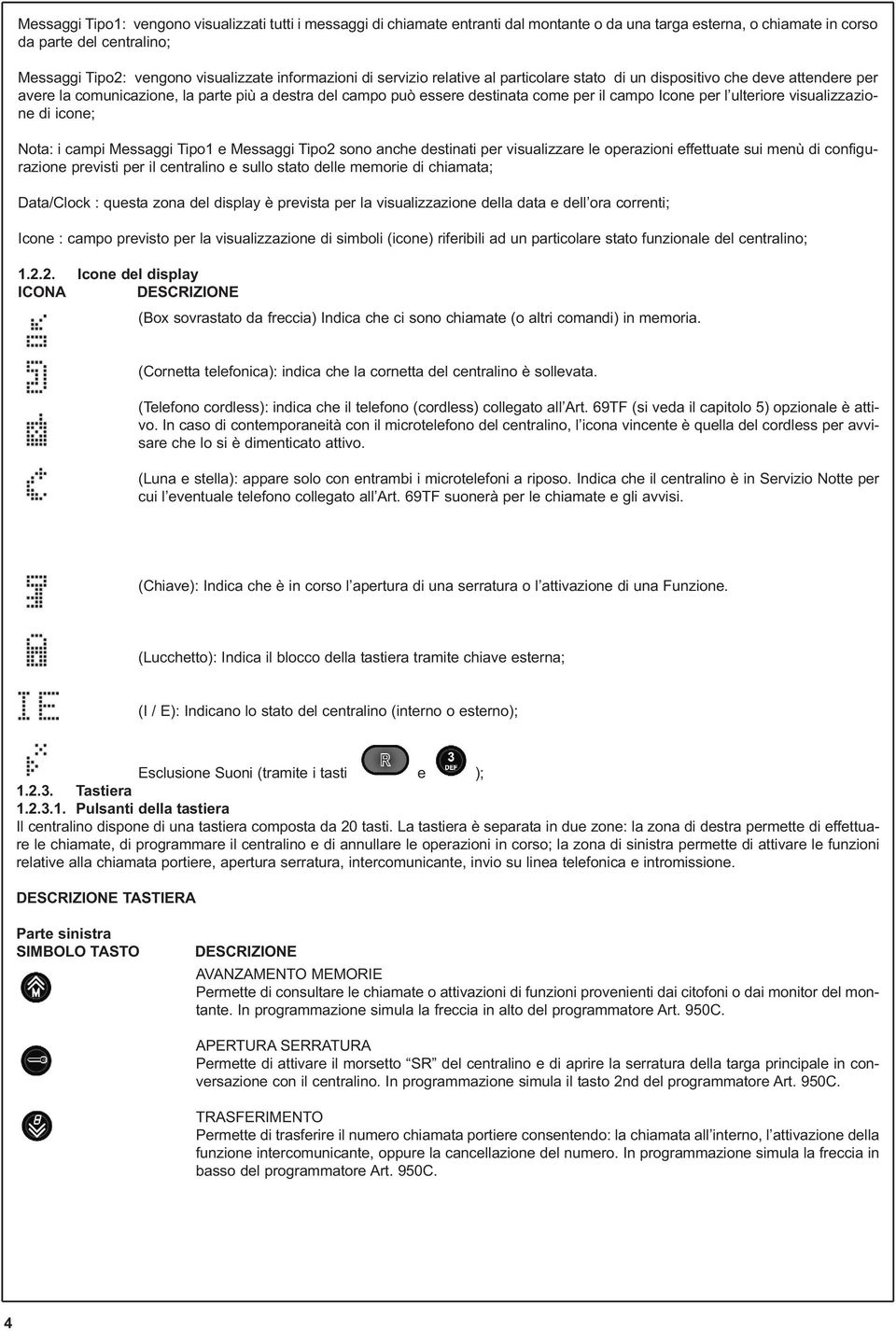 per l ulteriore visualizzazione di icone; Nota: i campi essaggi Tipo e essaggi Tipo sono anche destinati per visualizzare le operazioni effettuate sui menù di configurazione previsti per il