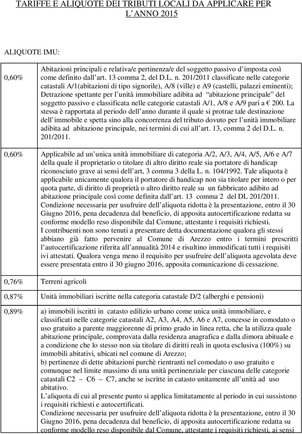 201/2011 classificate nelle categorie catastali A/1(abitazioni di tipo signorile), A/8 (ville) e A9 (castelli, palazzi eminenti); Detrazione spettante per l unità immobiliare adibita ad abitazione