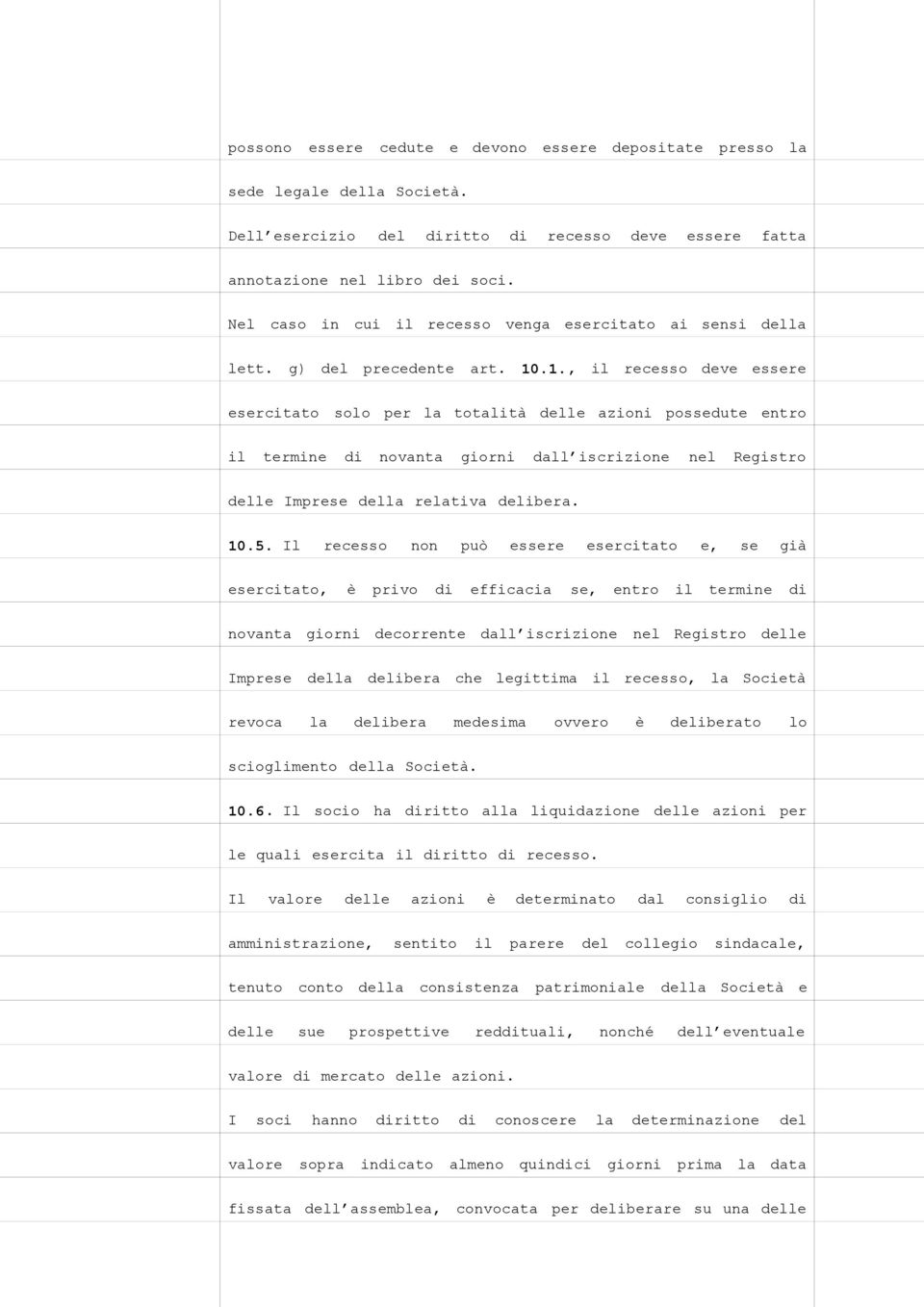 .1., il recesso deve essere esercitato solo per la totalità delle azioni possedute entro il termine di novanta giorni dall iscrizione nel Registro delle Imprese della relativa delibera. 10.5.