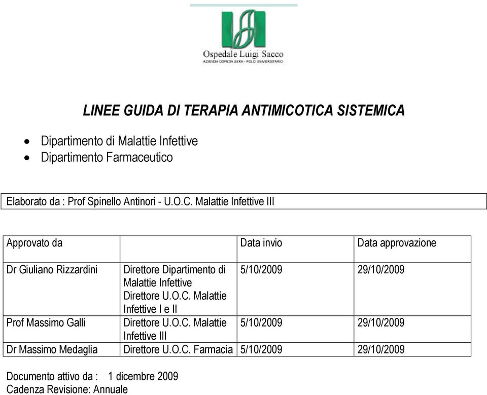 Malattie Infettive III Approvato da Data invio Data approvazione Dr Giuliano Rizzardini Direttore Dipartimento di 5/10/2009 29/10/2009